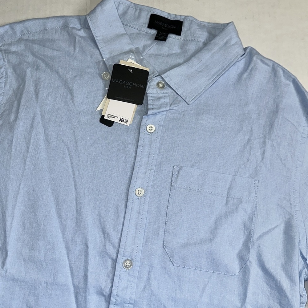 Magaschoni Man Sky Blue Men’s Medium Linen Blend‎ Short Sleeve Button Down NWT